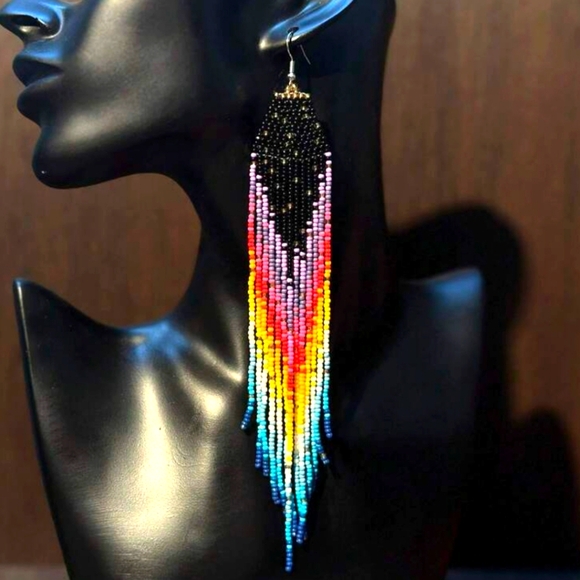 Colorful Beaded Fringe Earrings - Picture 2 of 5